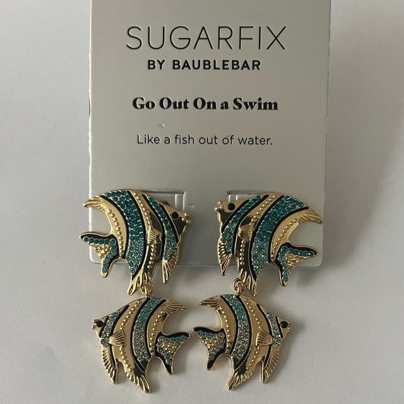 NWT SUGARFIX by BaubleBar sparkly embellished gold & blue 2 tiered fish - Picture 1 of 4